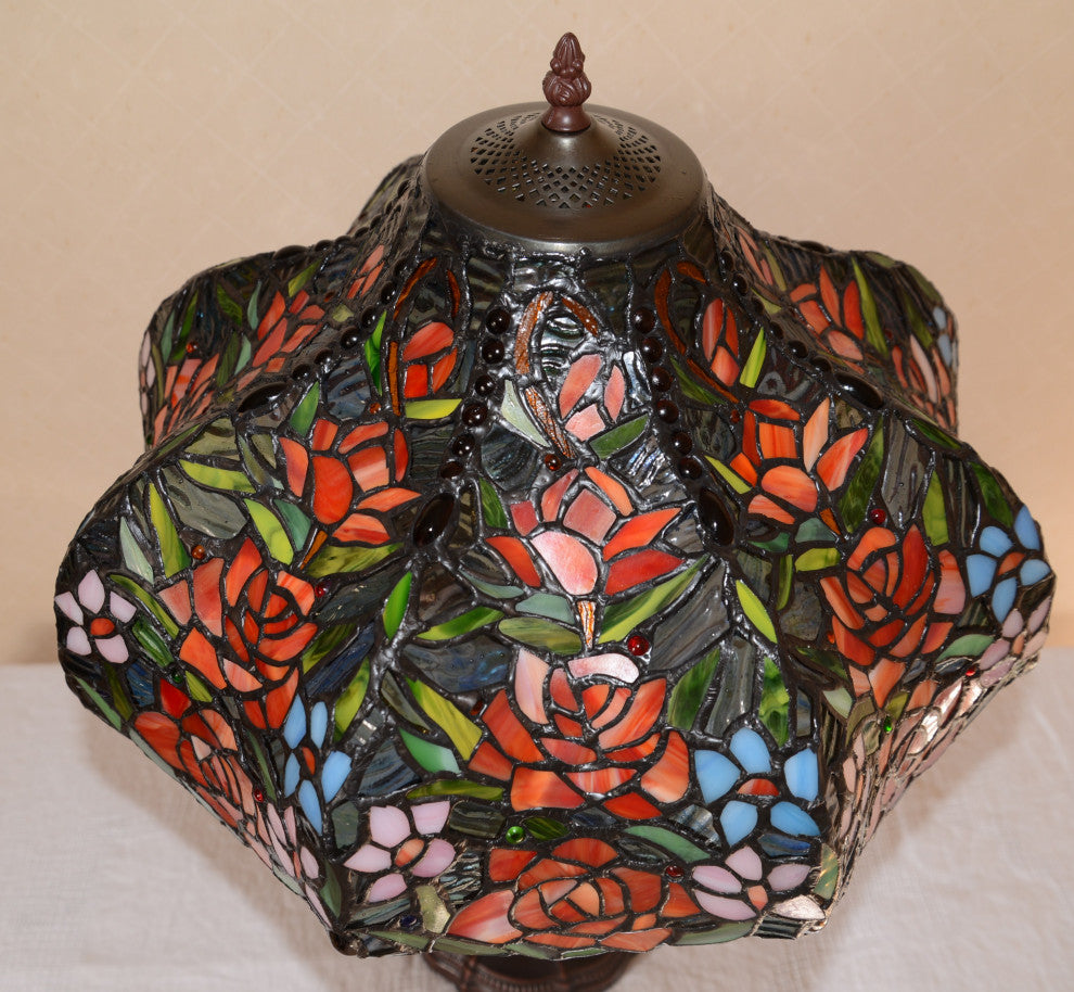 18"W Rose Flower Jeweled Stained Glass Handcrafted Table Desk Lamp, Zinc Base