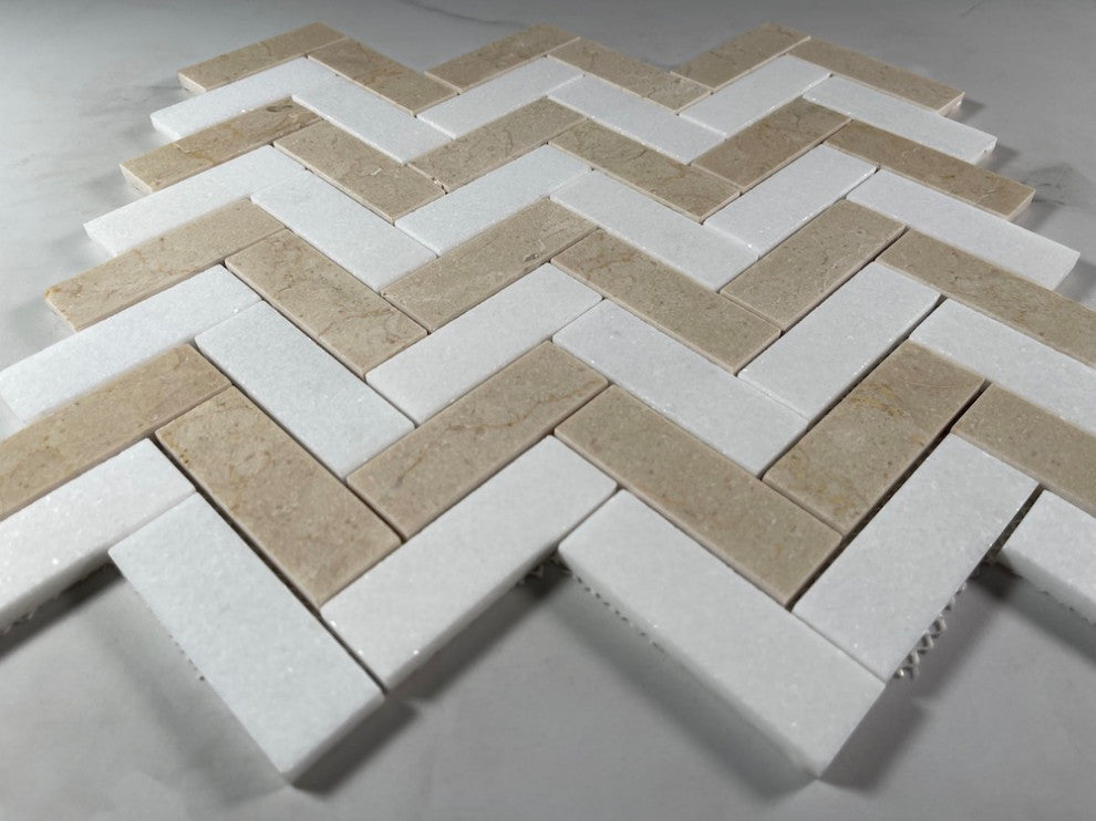 Crema Marfil Thassos White Marble 1x3 Herringbone Wall Floor Tile, 1 sheet