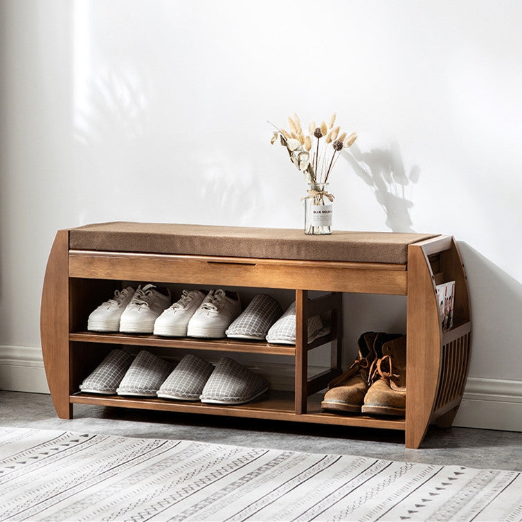40.2" Rustic Bamboo Upholstered Entryway Flip Top Storage 3-Tier Shoe Bench Rack