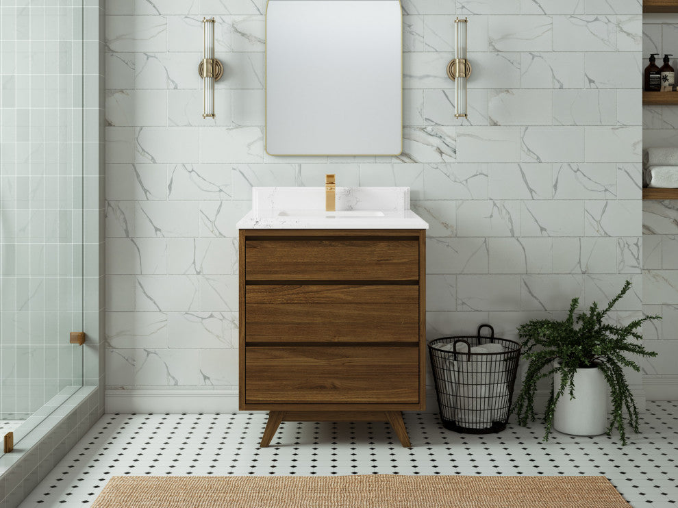 Madison Teak 30 Single Sink Bath Vanity in Dark Natural 1.5" Empira Quartz