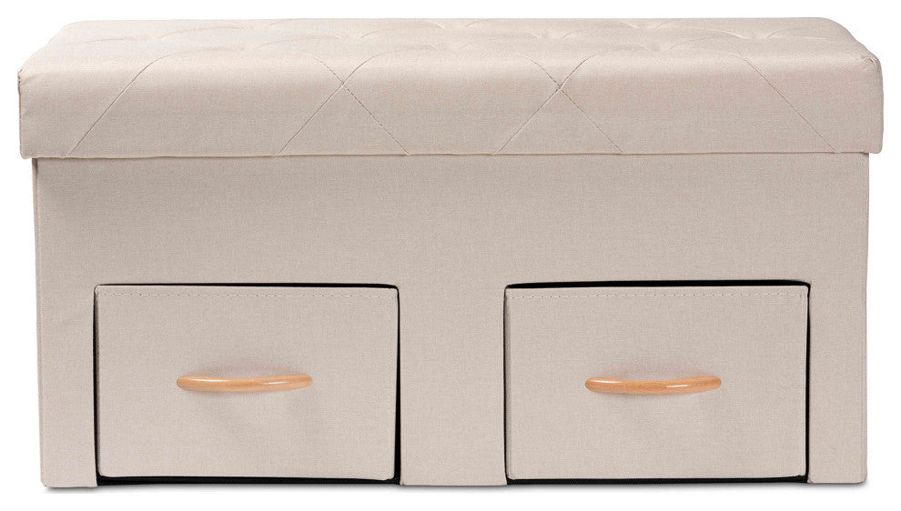 Beige Fabric Upholstered and Oak Brown Finished Wood 2-Drawer Storage Ottoman