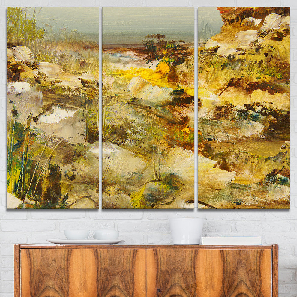 "Yellow Stones Heavily Textured" Painting Wall Art, 3 Panels, 36"x28"