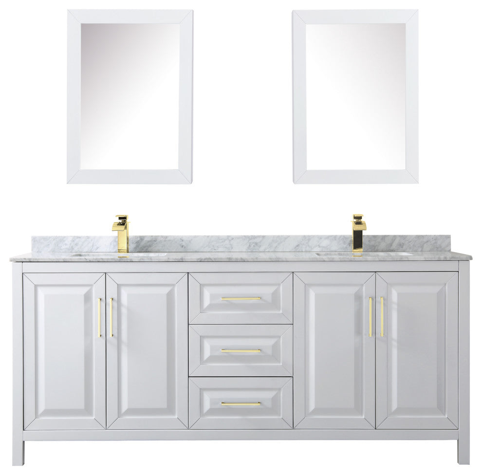 80"DBL Bathroom Vanity White, Carrara Countertop, Sinks, Med.Cabinets, Gold Trim