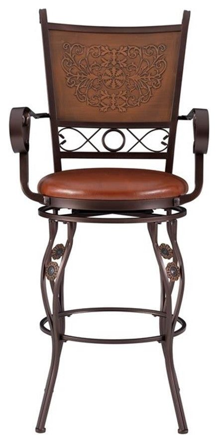 Bowery Hill 30" Traditional Metal/Faux Leather Swivel Bar Stool in Bronze
