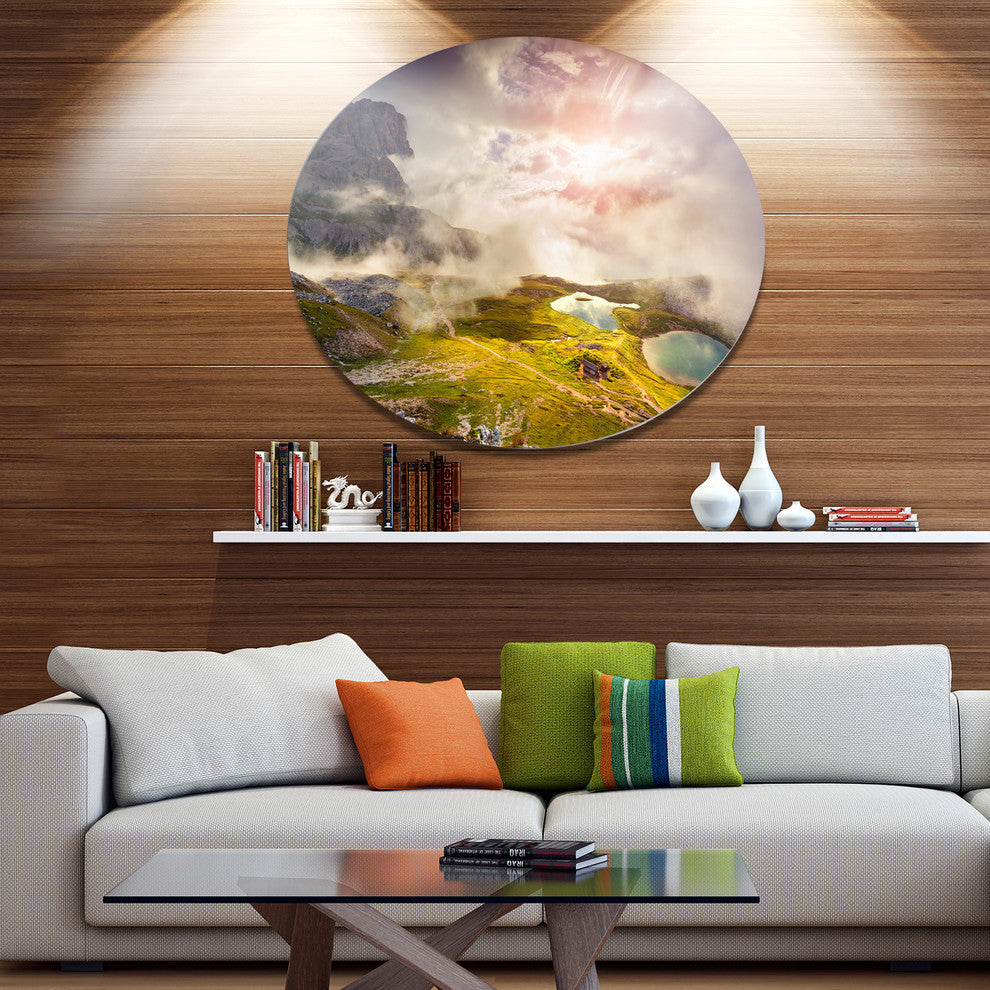 Sunrise On The Lakes Del Piani, Landscape Art Round Metal Wall Art, 36"