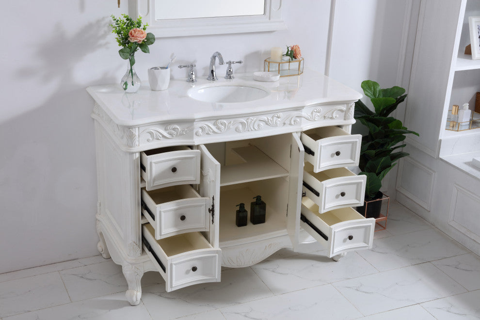 42" Single Bathroom Vanity, Antique White With Ivory White Engineered Marble, Antique White, 48