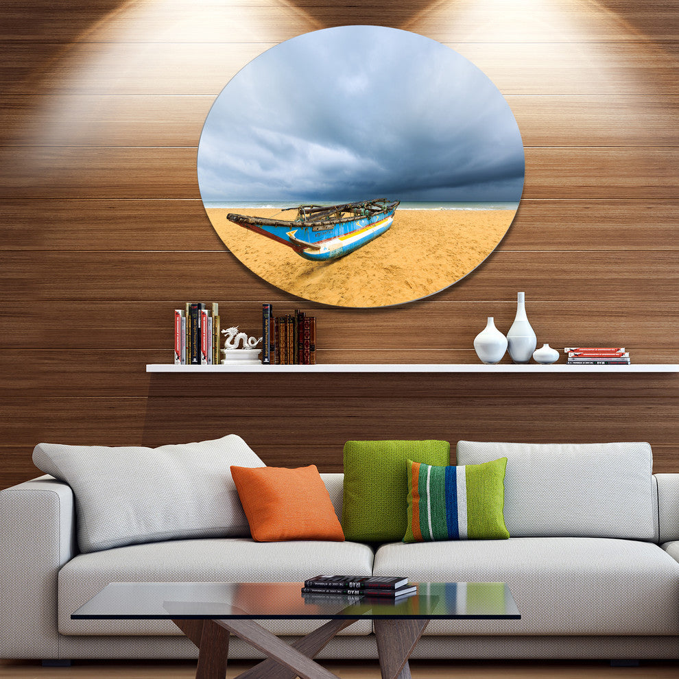 Fishing Boat On Beach With Dark Clouds, Seashore Round Wall Art, 36"