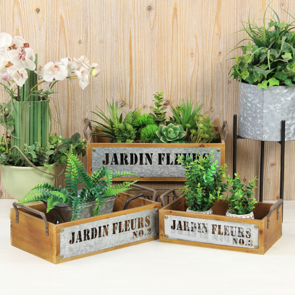 Jardin Fleurs Wood Metal Stamped Crate, Set of 3