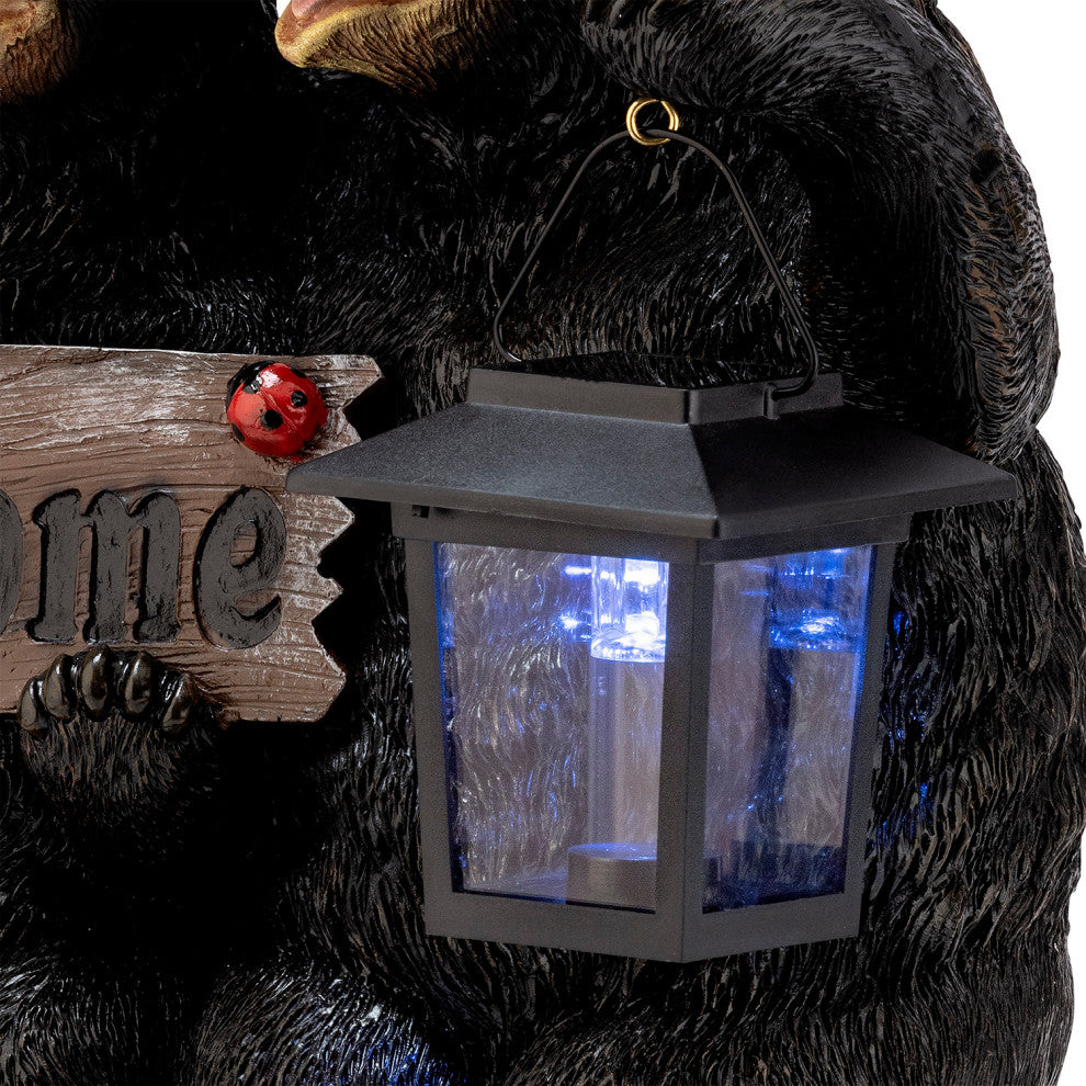 15" Tall Outdoor Bear Couple with Lantern and Welcome Sign Statue with Solar LED