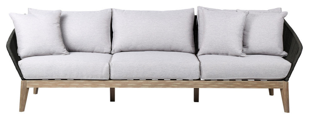 Athos Outdoor 3 Seater Sofa With Latte Rope and Gray Cushions, Light Eucalyptus