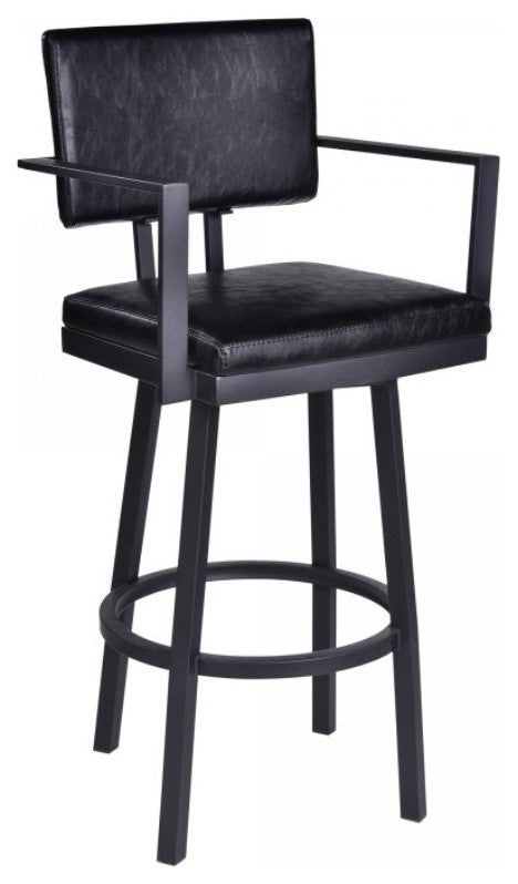 Barstool with Arms in Black Powder Coated Finish and Vintage Black Faux Leather,