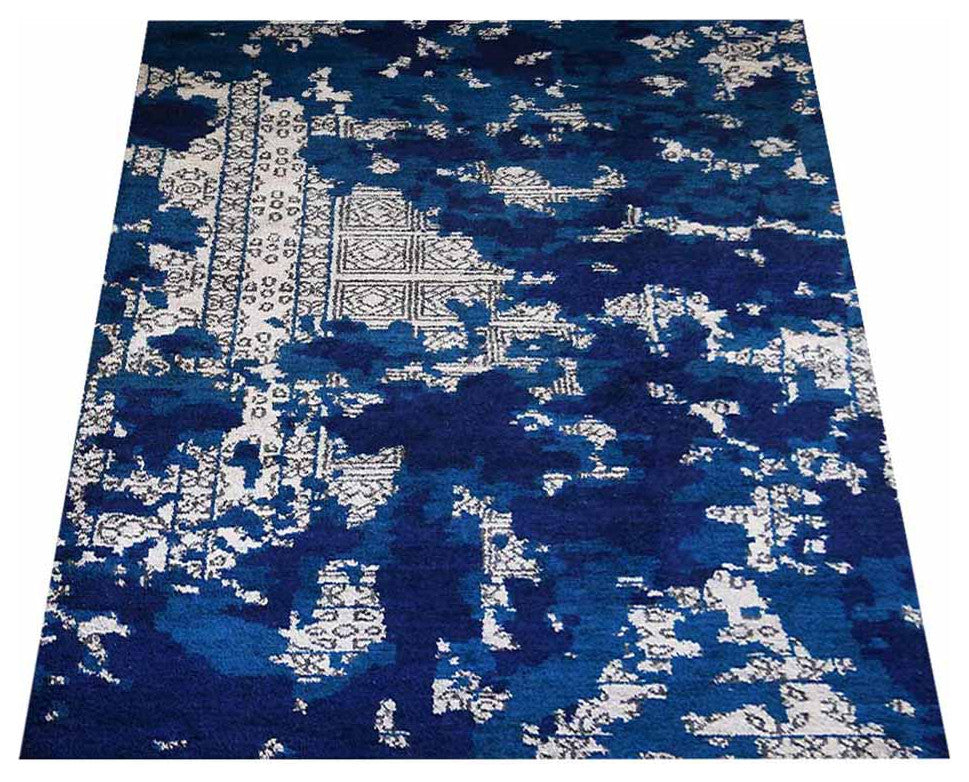 Hand Knotted Silk Area Rug Abstract Blue Beige