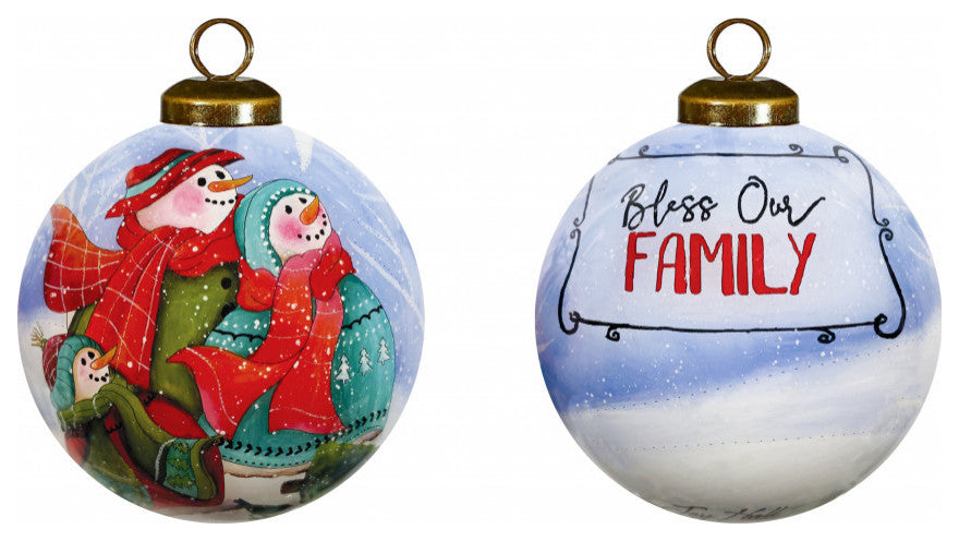 Snowman Family Bless Our Family Wordings Hand Painted Mouth Blown Glass Ornament