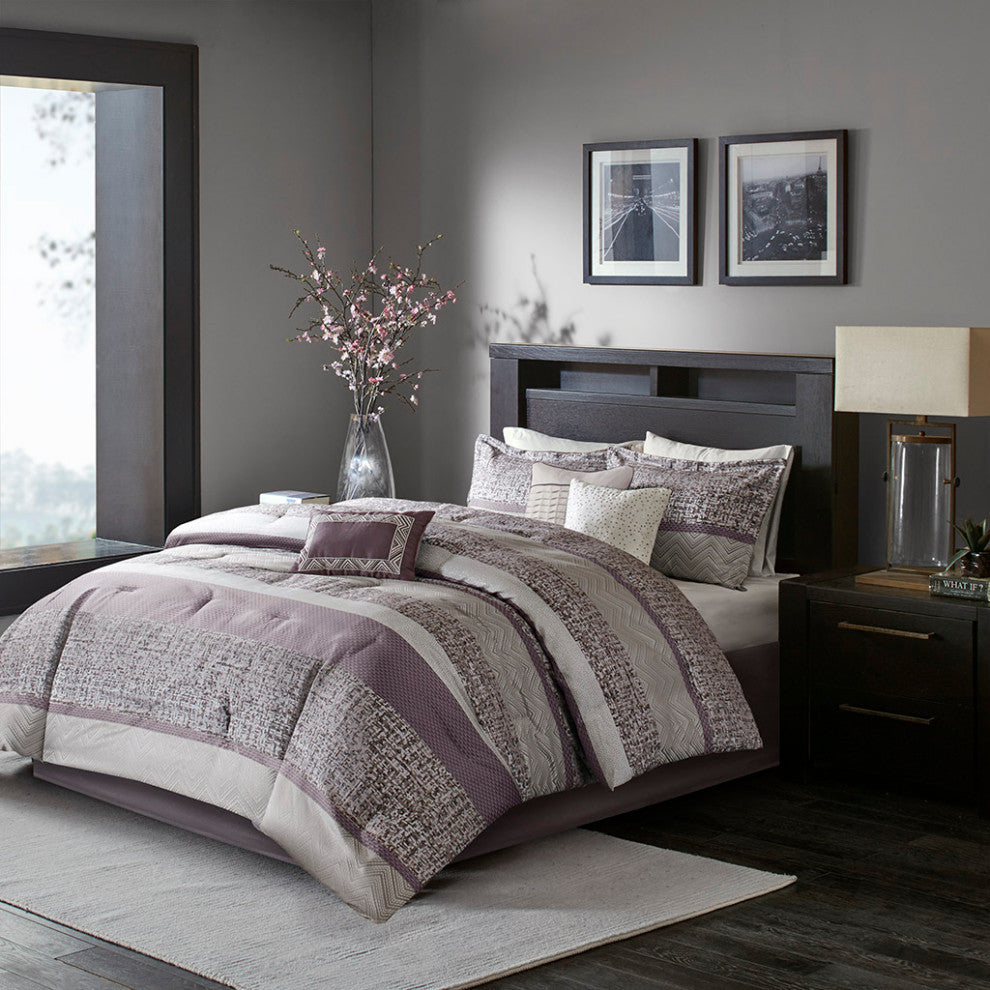 Madison Park Rhapsody Jacquard Stripe Mosaic 7-Piece Comforter Set, Purple
