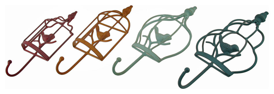 Colorful Set of 4 Birdcage Shaped Decorative Metal Wall Hooks