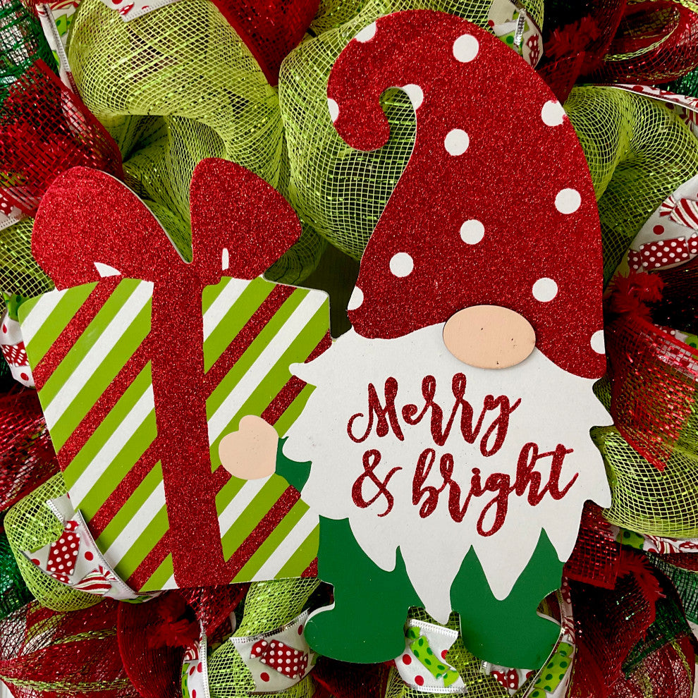 Merry and Bright Christmas Gnome Handmade Deco Mesh