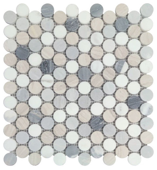 Mosaic Tile Marble Penny Coin Series, Blue Gray White Matte