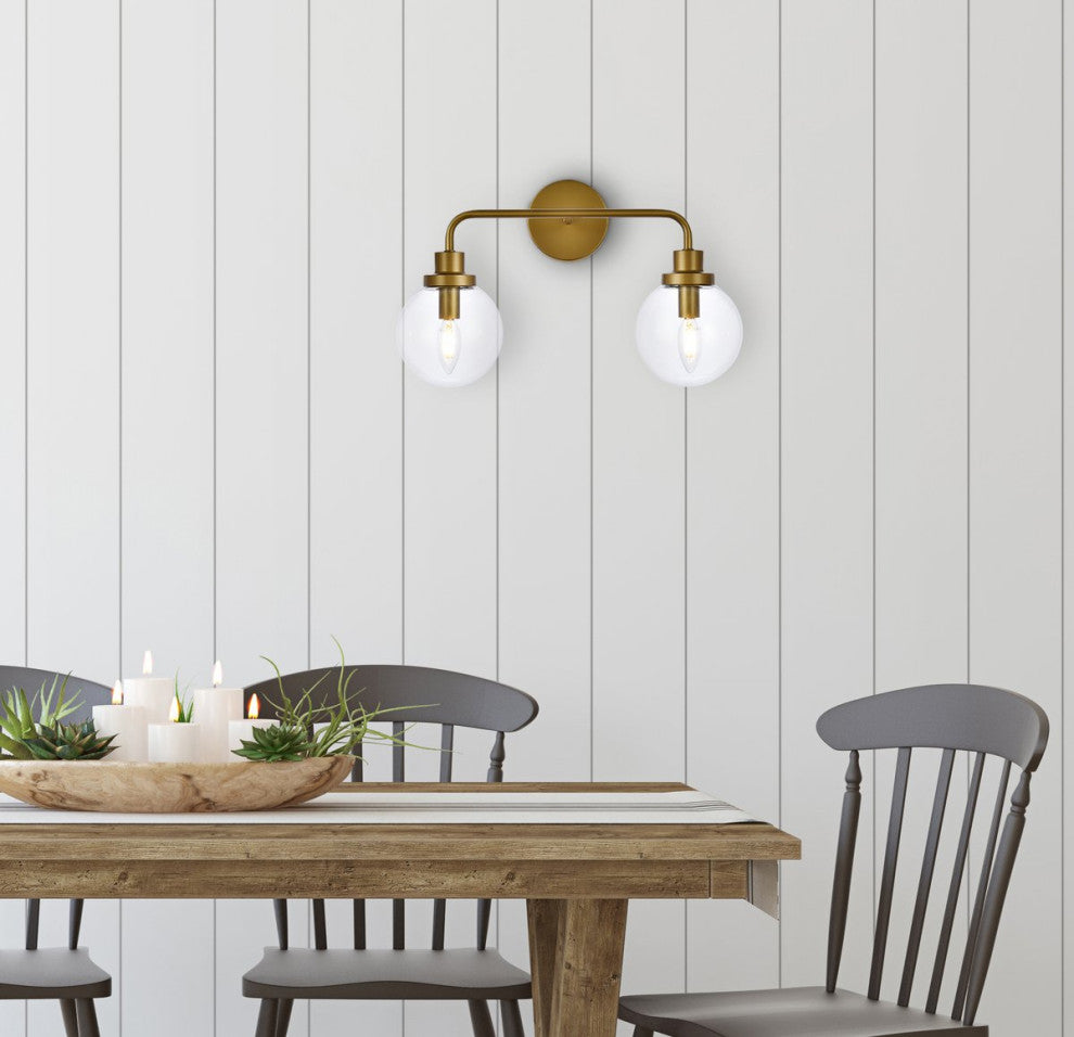Helen 2-Light Bath Sconce, Brass With Clear Shade