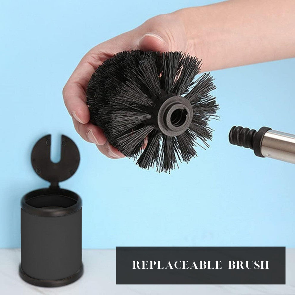 Toilet Brush Set with Stainless Steel Handle, Folding Lid and Removable Insert, Black