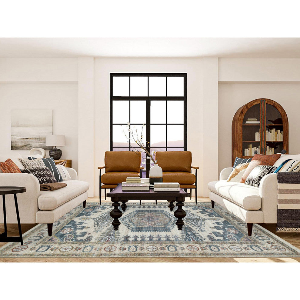 Ivory Hand Knotted Reimagined Persian Viss Design Wool Oriental Rug  7'9"x10'4"