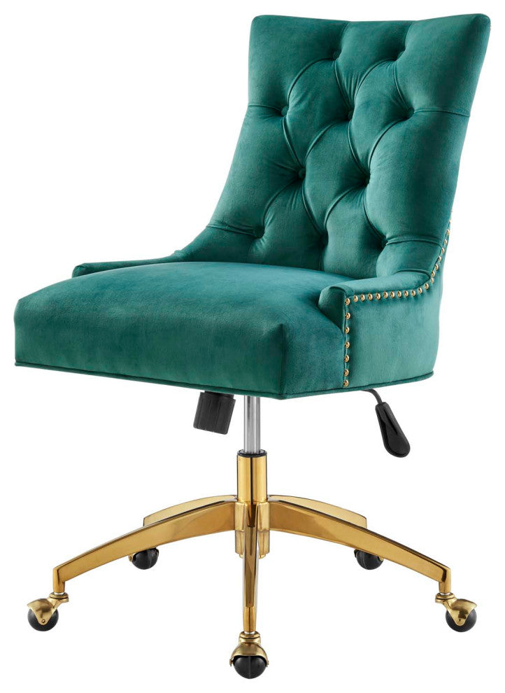 Computer Work Desk Tufted Chair, Velvet, Gold Teal Blue, Home Business Office