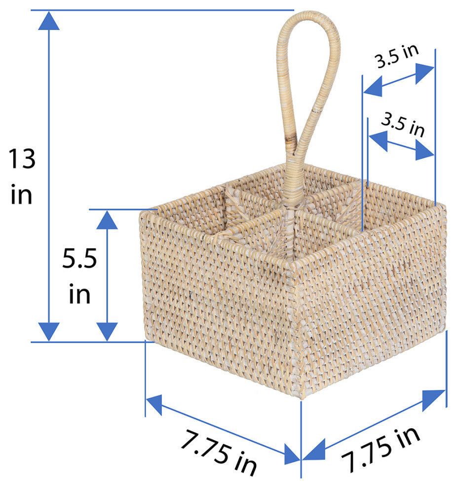 Loma Rattan Bottle and Silverware Caddy, White-Wash