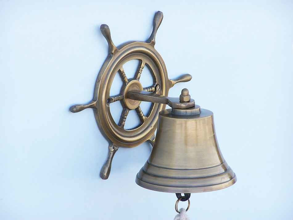 Antique Brass Hanging Ship Wheel Bell 7'', Brass Bell, Nautical Decor