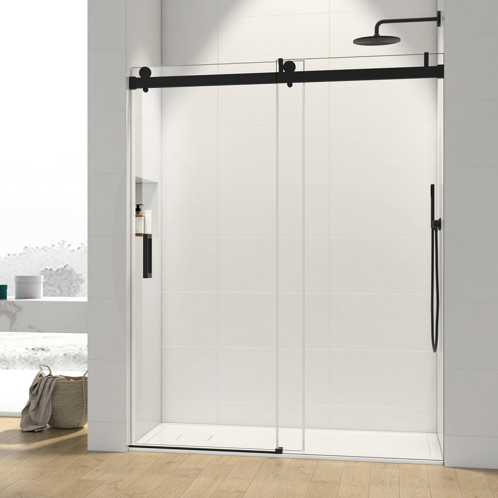 72 in. W x 76 in. H Single Sliding Frameless Shower Door With Buffer, Matte Black