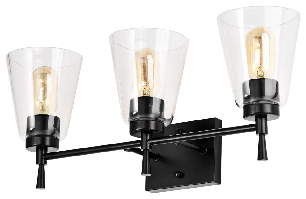 21 in. 3-Light Matte Black Vanity Light With Clear Glass Cone Shades