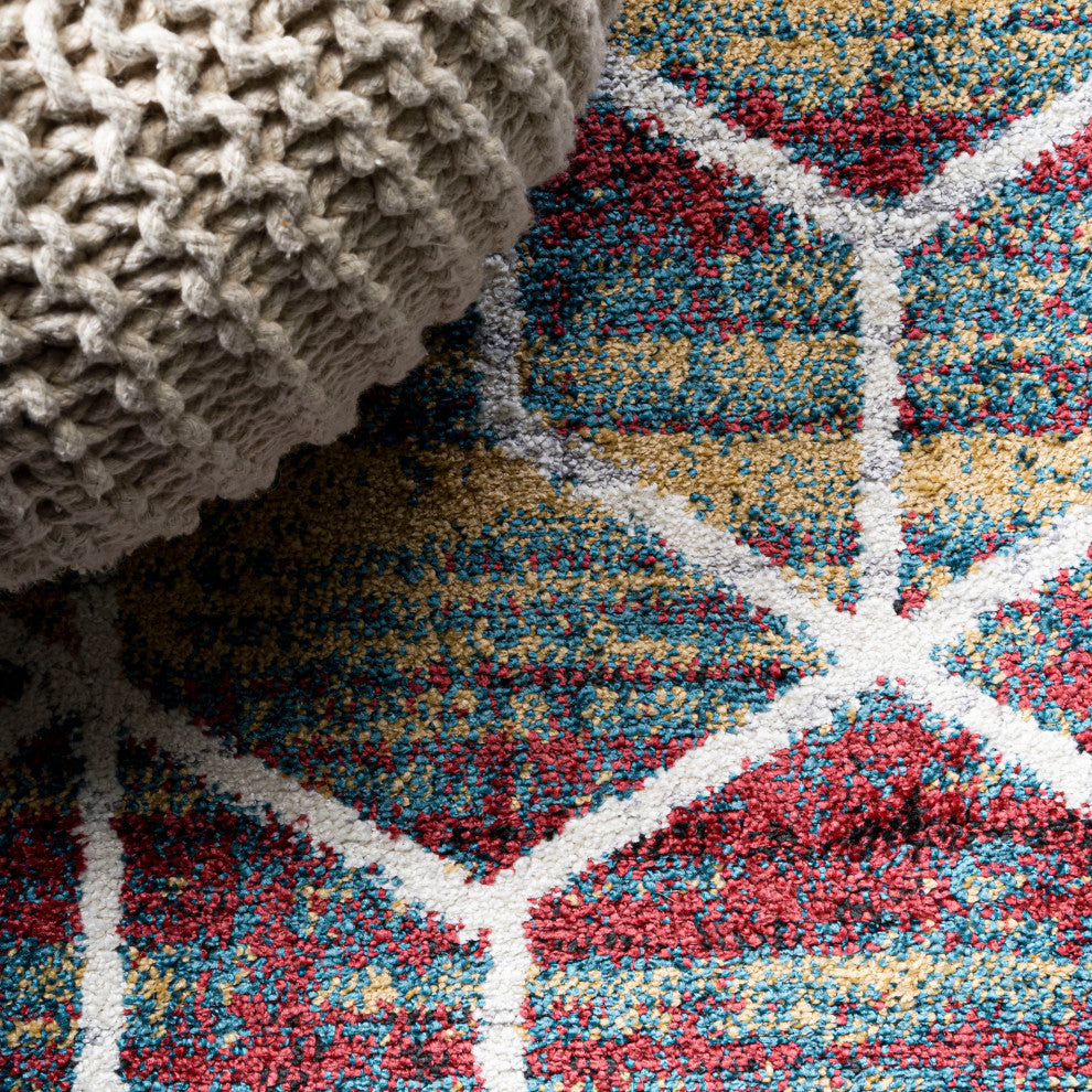 Tumbling Blocks Geometric Multi/White 2'x8' Runner Rug