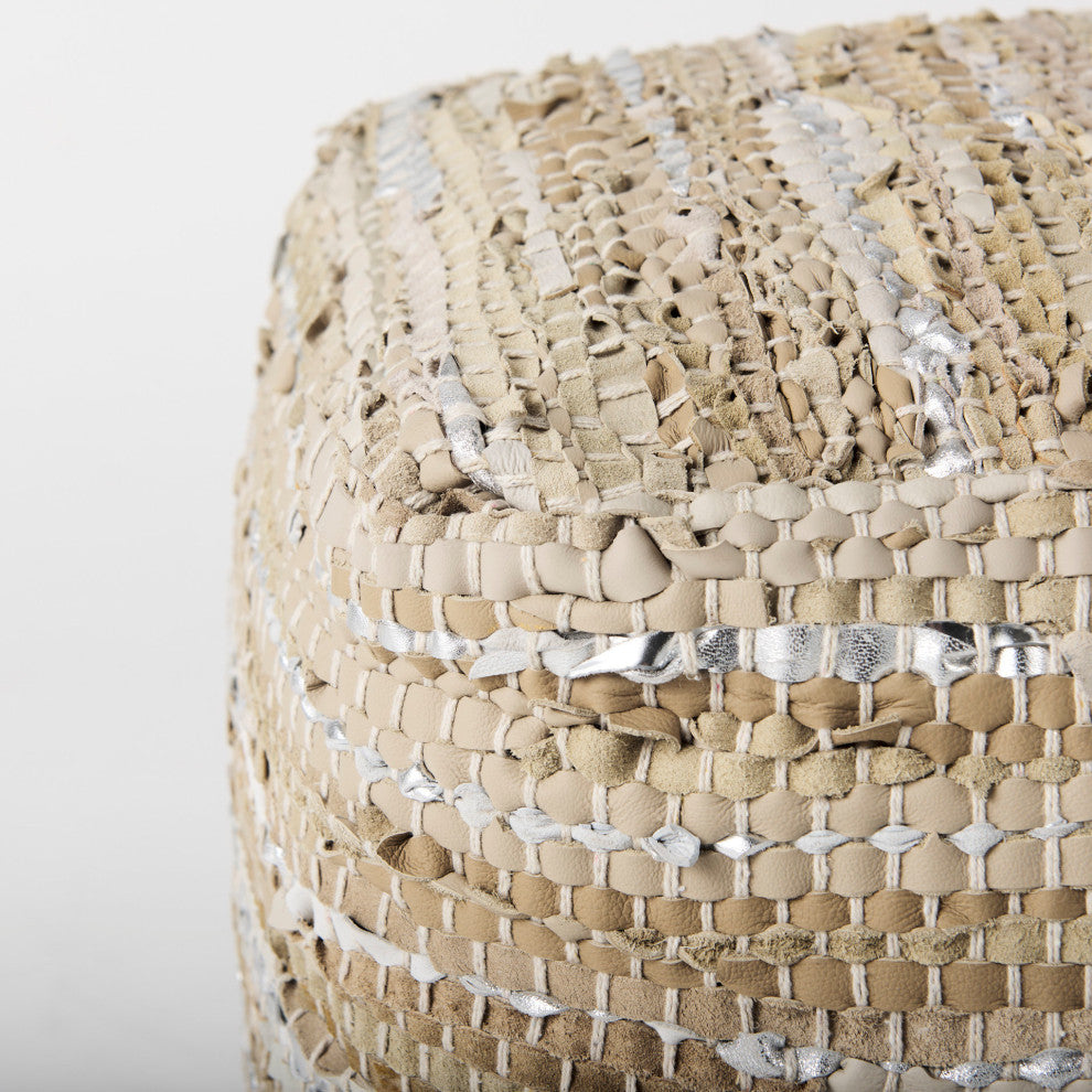 Aadhya 16Lx16Wx16H Taupe/Silver Leather and Cotton Pouf