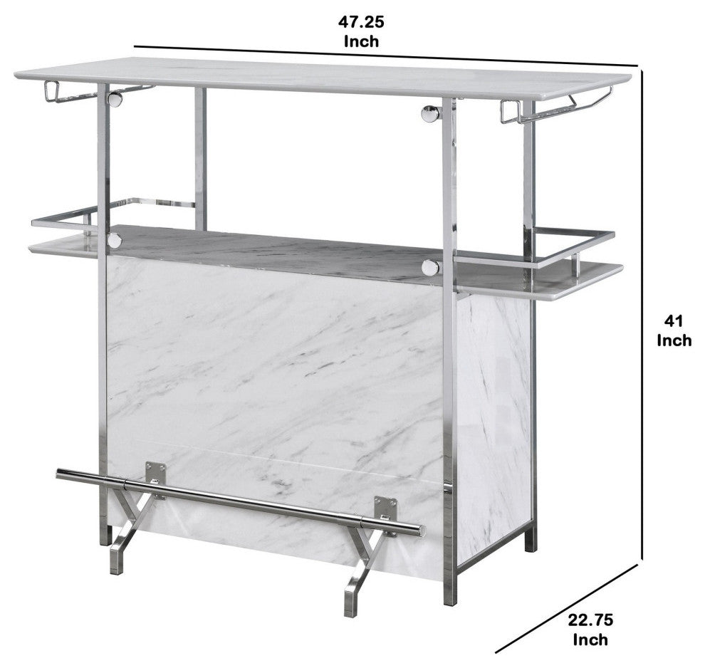 Bar Table with Faux Marble and Chrome Finish, White and Silver