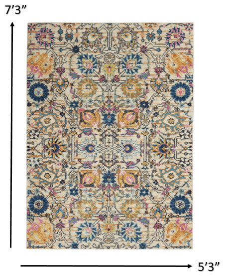5' X 7' Orange And Ivory Floral Power Loom Area Rug
