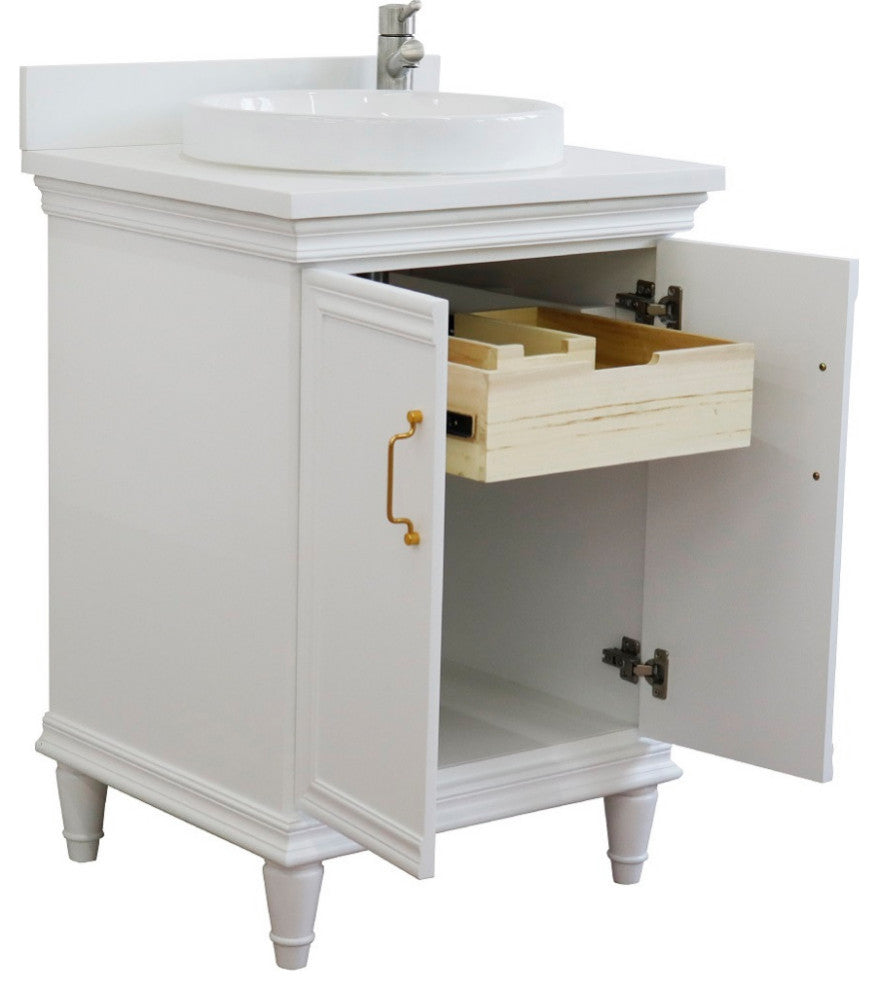 25" Single Vanity, White Finish With White Engineered Stone Top And Round Sink