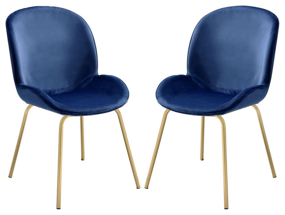 Set of 2 Blue Velvet Side Chair, Blue/Gold