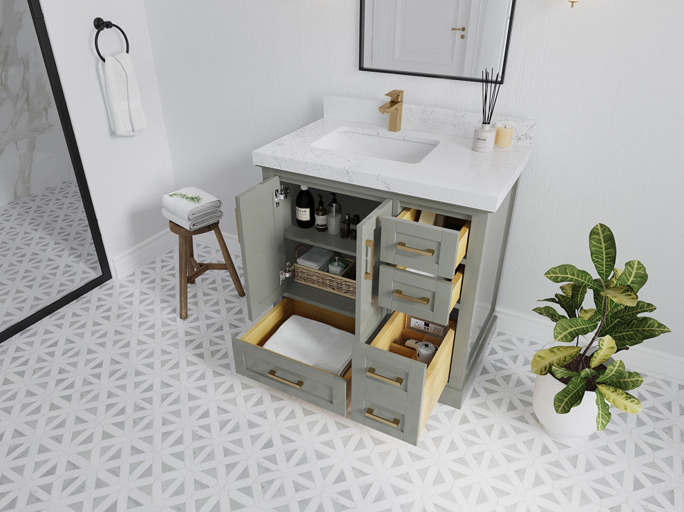 Boston 36" Left Offset Bath Vanity in Evergreen 2" Calacatta Sienna