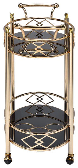 Benzara BM194345 Two Tier Metal Framed Serving Cart and Glass Shelves, Gold