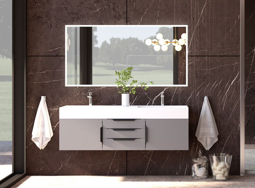 CastelloUSA Amazon 60" Wall Mounted Bathroom Vanity Set, Gray, White Top, Black Handles
