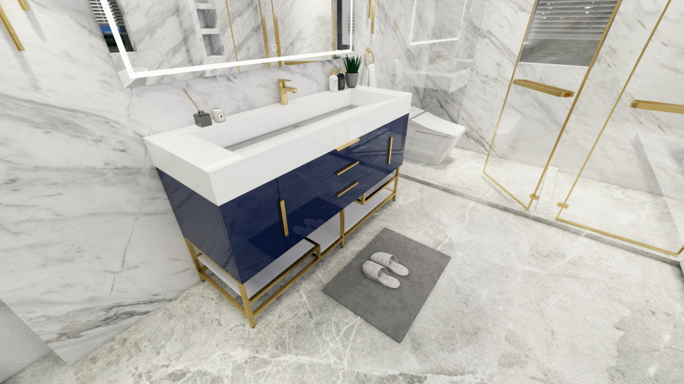 Madison 60" Free Standing Single Sink Vanity with Reinforced Acrylic Sink, High Gloss Blue