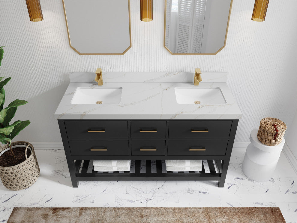 Parker 60" Double Sink Bath Vanity, Black 2" Calacatta Sienna
