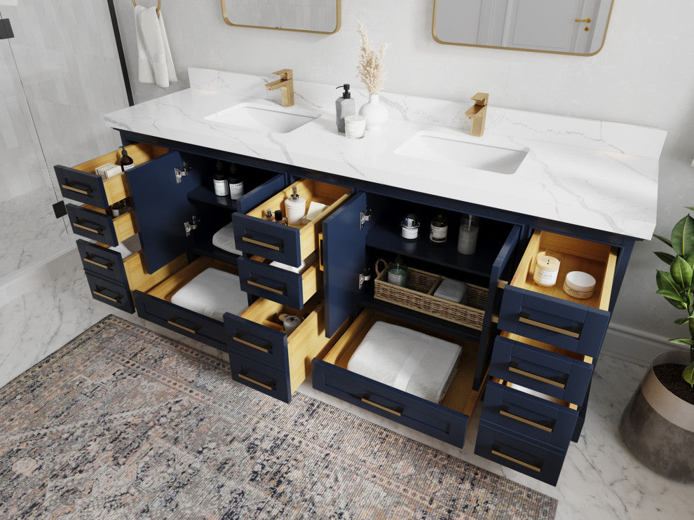 Fenway 84 Double Sink Bath Vanity in Navy Blue 1.5" Calacatta Laza