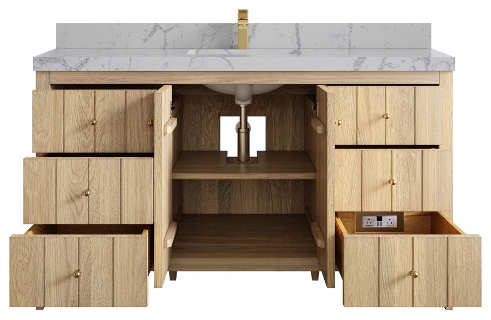 Atlanta Oak 60" Single Bathroom Vanity, White 2" Venatino Quartz