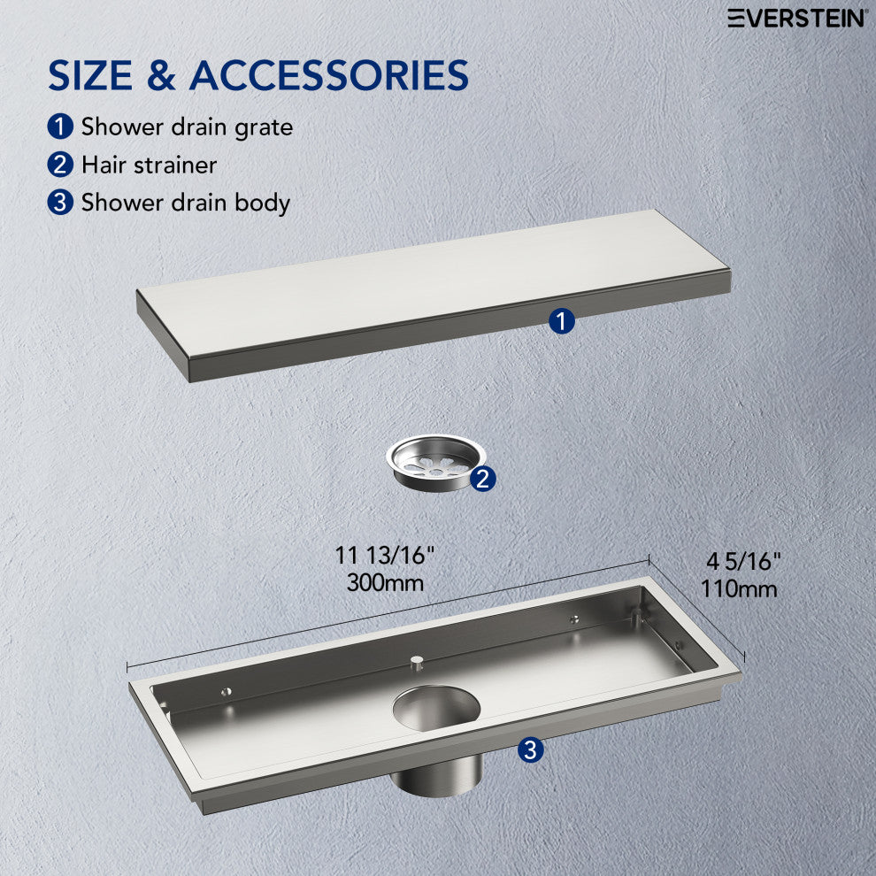 Linear Shower Drain with Hair Strainer and Reversible Tile Insert Cover, Brushed Nickel