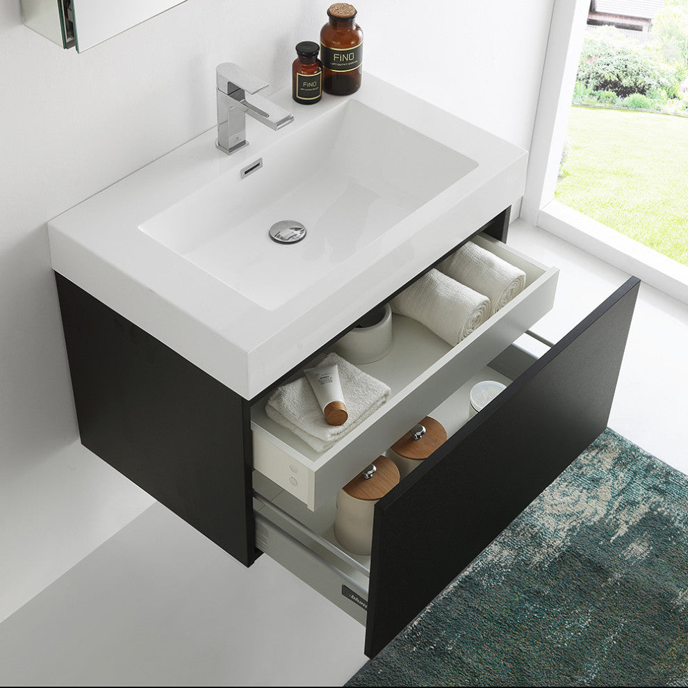 Fresca Mezzo 30" Black Wall Hung Modern Bathroom Vanity With Medicine Cabinet