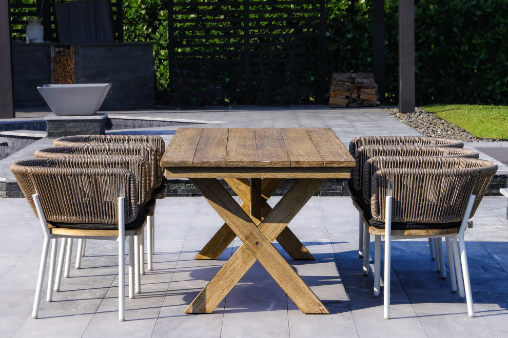 Santino + Melina 7-Piece Outdoor Dining Set, 6 Rope Backing Chairs, White Legs