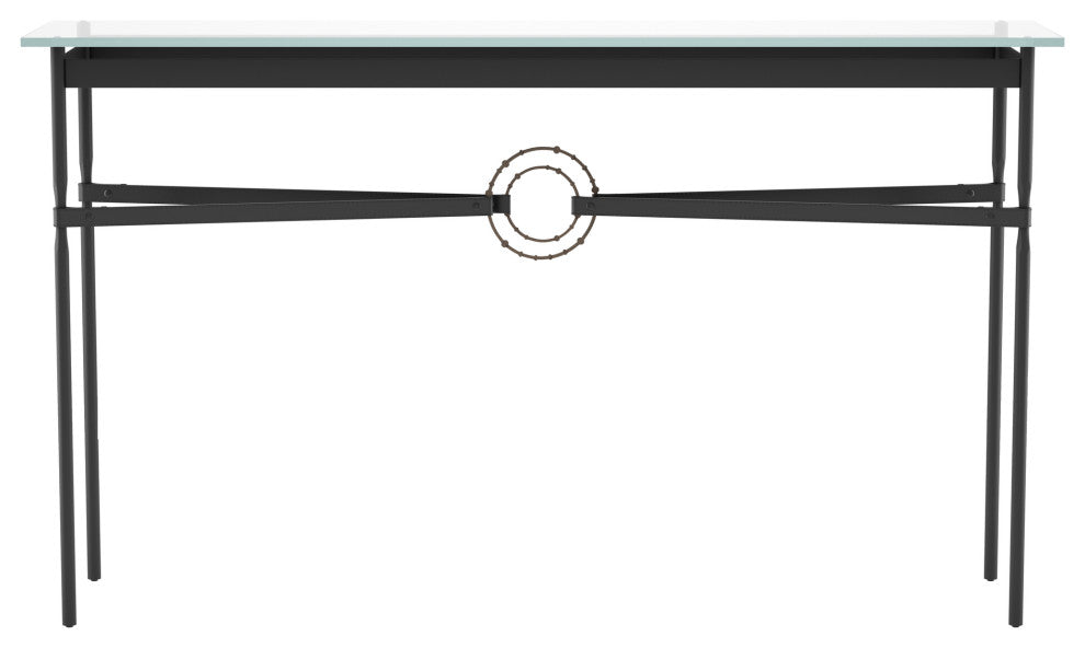 Equus Console Table, Black Finish - Bronze Accents - Black Leather Strap