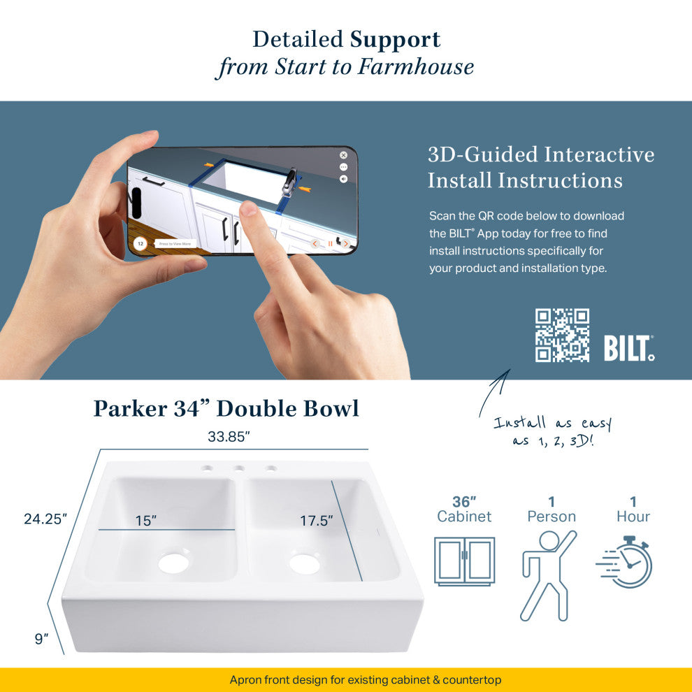 Parker Black Fireclay 34"³ Double Bowl Quick-Fit Farmhouse Drop-in Kitchen Sink