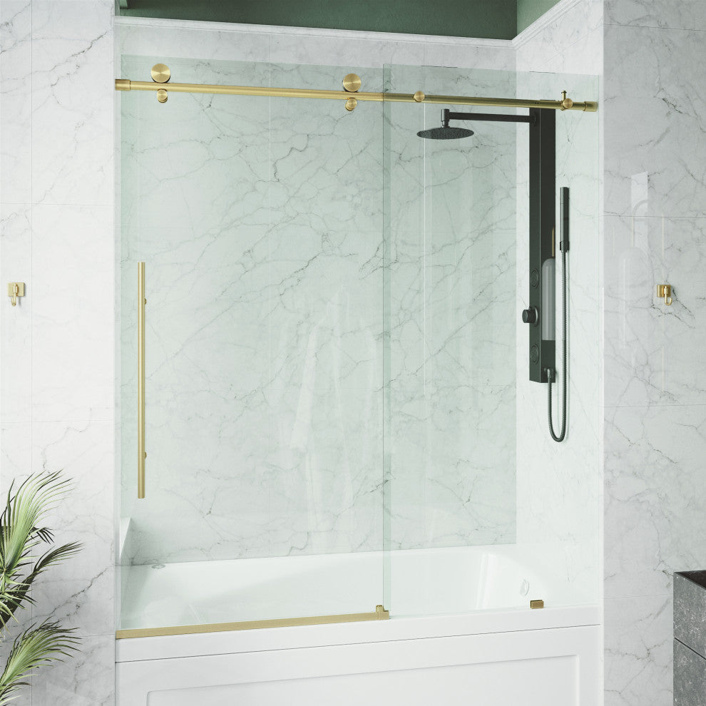 VIGO Elan E-Class 56" to 60" W x 66" H Frameless Sliding Tub Door, Matte Gold, Clear Glass