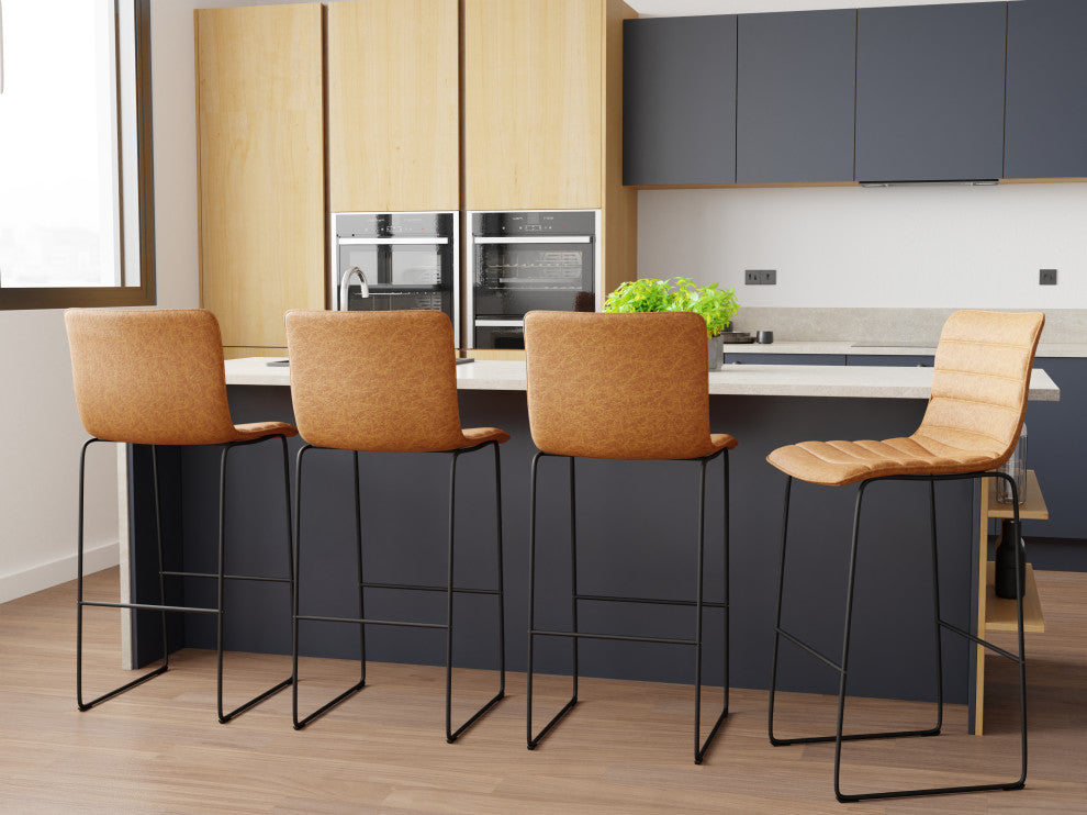 LeisureMod BS29BR Brooklyn 29.9" Leather Bar Stool With Brown Iron Base&Footrest
