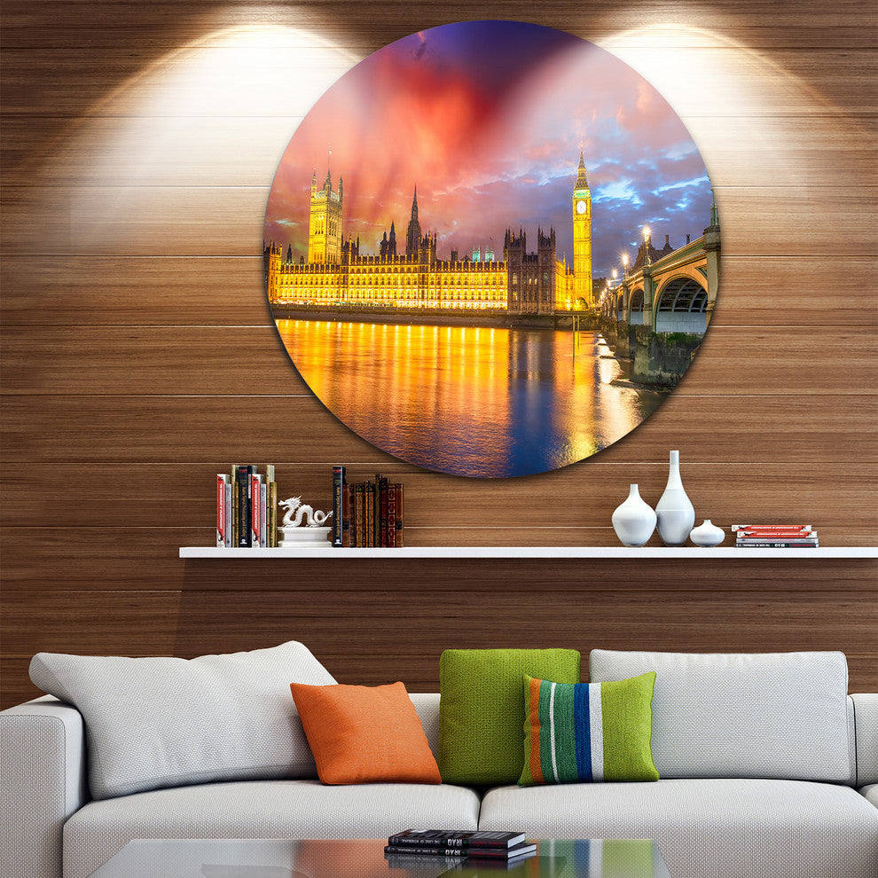 Sunset View Of London Skyline, Cityscape Photo Round Wall Art, 11"